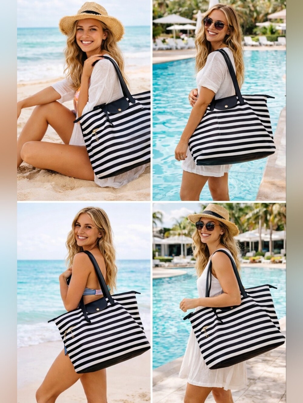 Kate & Alex Cuffaro Black/White Striped Women’s Tote Bag Classic Travel Weekend